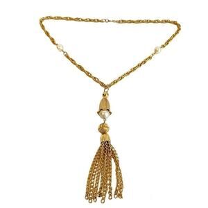 Vintage 60s‎ Gold Tone Pearl Necklace Tassel Fringe Chain